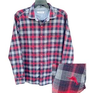 Tommy Bahama Canyon Beach Flannel Shirt XL Blue Green Plaid Cotton Tencel